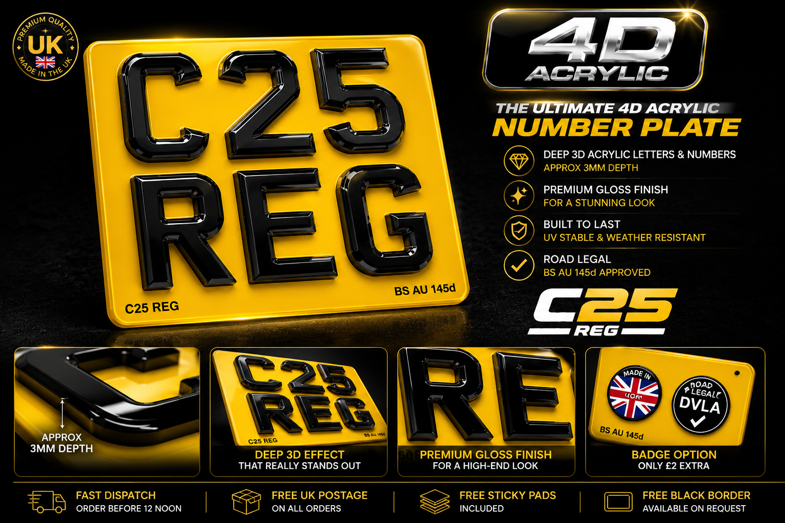 STANDARD 4D ACRYLIC MOTORBIKE NUMBER PLATE – UK ROAD LEGAL