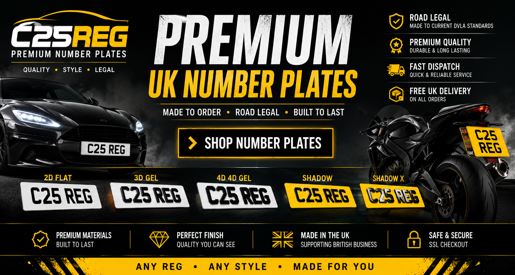 Promotional graphic for C25REG premium UK number plates, showing sample license plates on a black car and motorcycle, with feature callouts and branding text on a dark background.